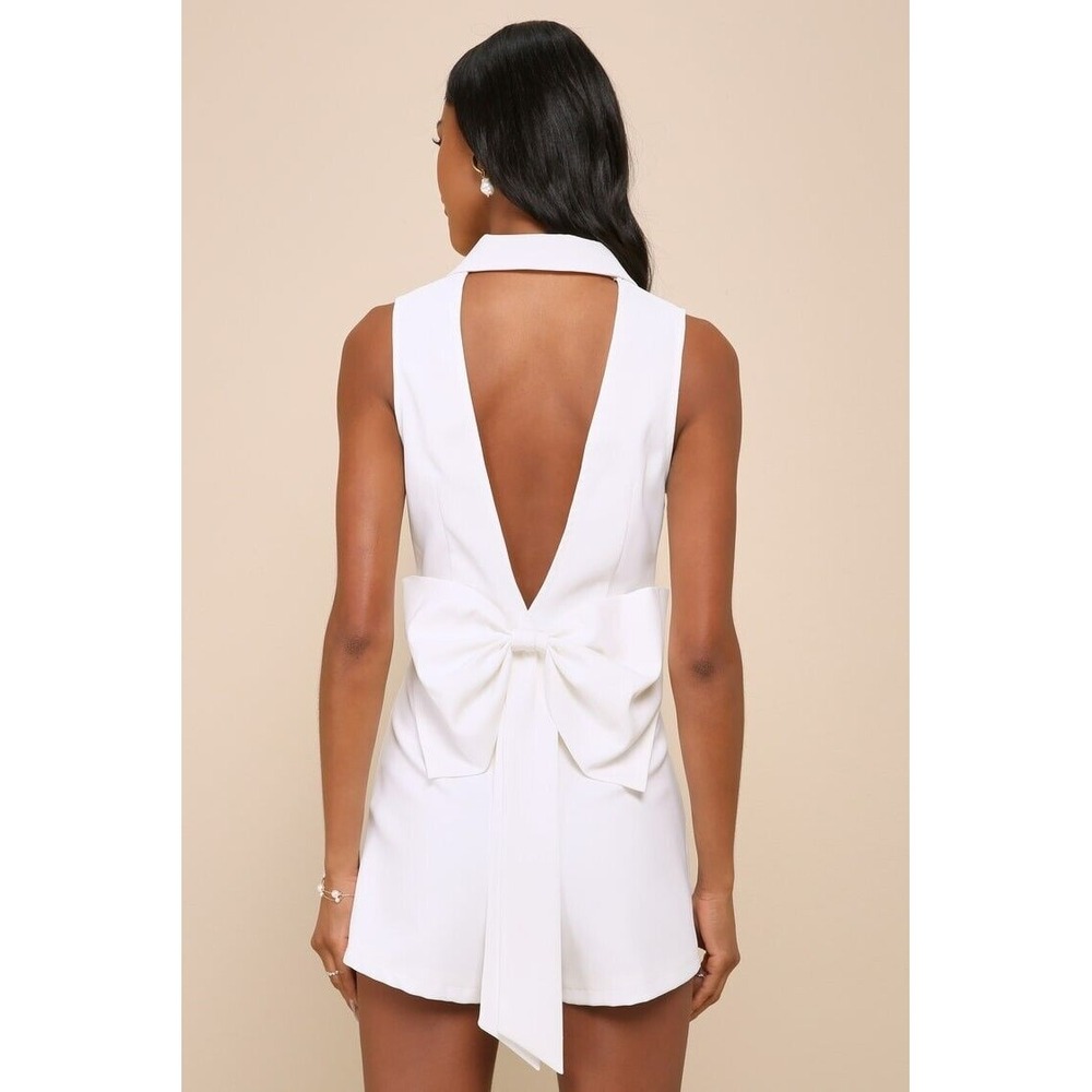 Lulus Upscale Individual White Collared Backless Bow Romper Women's Size XS - Picture 11 of 11
